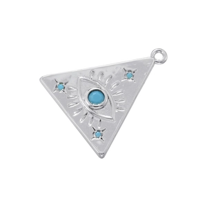 Close-up of a triangle evil eye pendant in silver metal with four turquoise stones