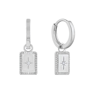 Silver starburst earrings with rectangular pendant and central diamond on white background