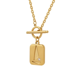 18K gold plated titanium necklace with rectangular pendant and zircon toggle clasp