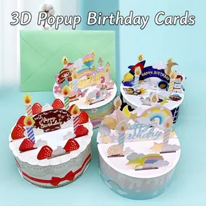 Set di biglietti d'auguri 3D con temi torta, unicorno, razzo spaziale e arcobaleno