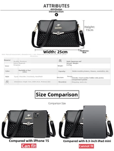 Detail view of black woven crossbody bag with golden kangaroo logo and size dimensions