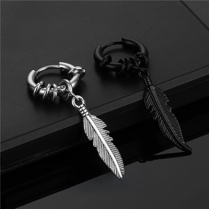 Detail of retro punk tassel earrings with feather pendants in silver and black stainless steel