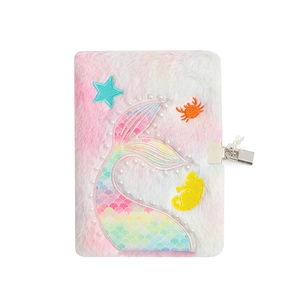 Plush mermaid notebook for girls with lock and key featuring embroidered sea animals