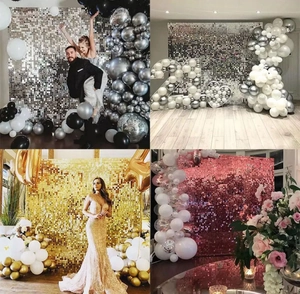 Sparkly square wind-driven sequin wall panels in gold, silver, and pink for party decor