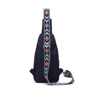 Navy blue crossbody bag detail with bohemian geometric pattern wide shoulder strap