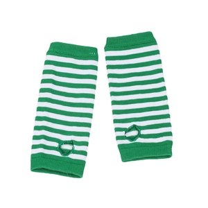 Macro detail of green and white striped knit arm warmers with thumb hole design