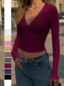 T-Shirt Femmes Manches Longues Col En V Coupe Ajustée Couleur Unie Sexy Crop Top Y2K Streetwear Tricot Côtelé Chemisier