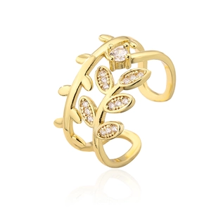 Detail of 18K gold plated copper ring featuring leaf design and white zircon stones