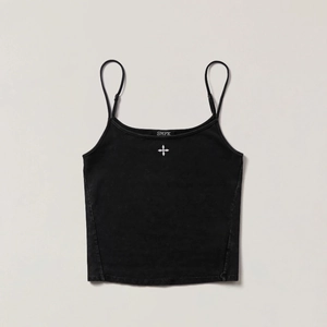Vintage black cotton camisole with thin straps and white cross print on front