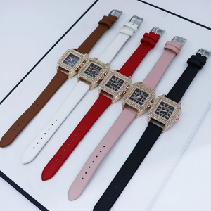 Five square rhinestone quartz watches for women with leather straps in varied colors