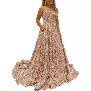 Rose gold sequined A-line prom dress with wide straps and practical side pockets
