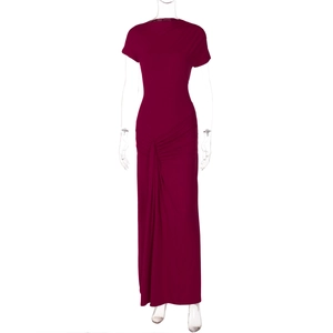 Detail of burgundy ruched drawstring dress showing slim fit and knitted texture