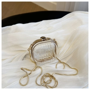 Macro shot of acrylic box bag featuring vertical stripes and gold metal frame detailing