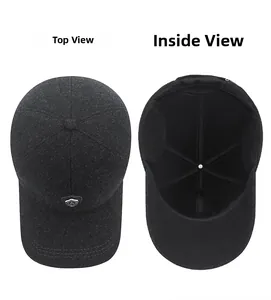 Detail view of winter baseball cap showing textured fabric and thermal ear flaps