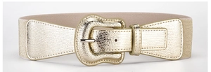 Detail of a beige elastic waist belt with a gold horseshoe-style buckle and textured finish