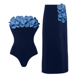 Women's chic navy blue tube top and maxi skirt set with light blue 3D flower petal details