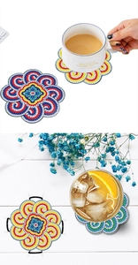 Detail of 6-piece DIY mandala diamond painting coasters with a black metal storage holder