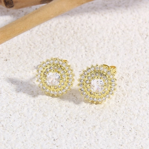 18K Gold Plated Copper Round Zirconia Stud Earrings With 925 Sterling Silver Post Sunflower Design Elegant Jewelry For Women
