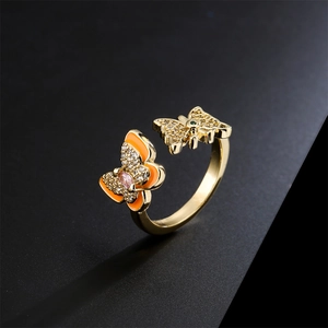 18K gold plated butterfly open ring with orange enamel and sparkling zircons