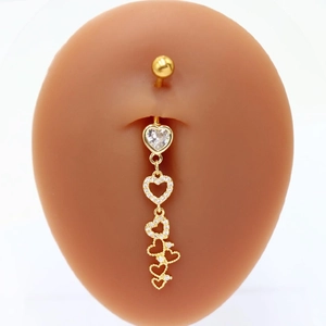Gold heart-shaped belly ring with white crystals and dangling hollow heart chain charms