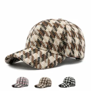 Retro Korean style plaid woolen baseball cap in brown and tan with extra color variants
