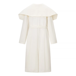 Elegant ivory white wool trench coat for women with large shawl collar and waist belt