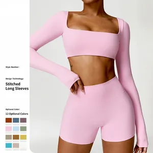 Women Brushed Yoga Workout Suit Square Neck Long Sleeve Top And Bottom High Waist Tight Elastic Athletic Fitness Apparel