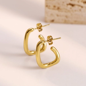 Minimalist golden C-shape irregular square earrings with a high polished metallic finish