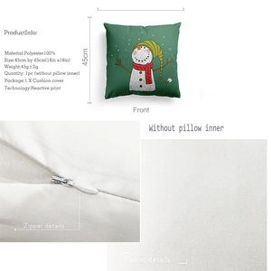 Christmas snowman cushion cover details including zipper, fabric texture and size info
