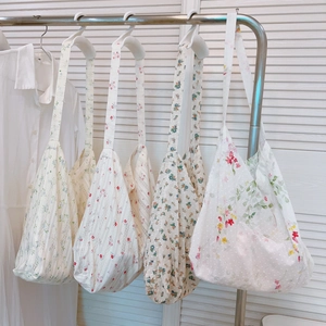 Women Shoulder Bag Cotton Lace Floral Hollow Out Soft Large Capacity Fresh Pastoral Style Lightweight Handbag Tote