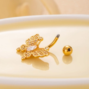 Gold butterfly belly button ring with sparkling micro-pave cubic zirconia crystals
