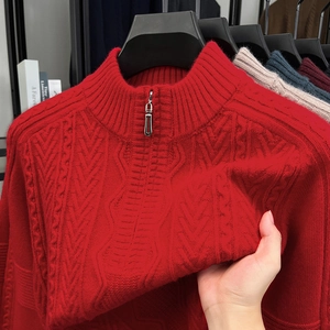 Close-up of red cable knit texture and stand collar zipper detail on men sweater