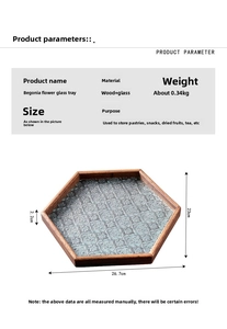 Detail of hexagonal begonia glass tray with wood frame and dimensions 26.7x23x2.2cm