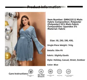 Detail view of blue V-neck dress fabric with sizing chart and care instructions labels