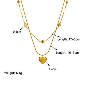 Double-layer heart necklace in 18K gold plated titanium steel with dimension specifications