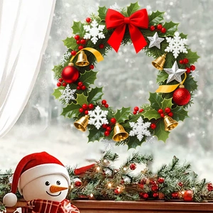 Close-up of a festive green Christmas wreath with a red bow and gold bells on a window