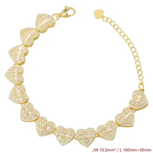 18K gold heart tennis bracelet with micro-paved cubic zirconia links and extension chain