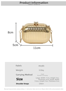 Detailed size specifications for gold acrylic evening bag with measurements and chain strap