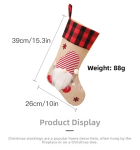 Detailed view of Nordic gnome Christmas stocking with dimensions and buffalo plaid cuff