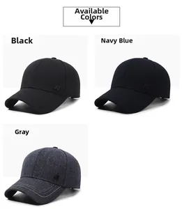 Detailed display of men's casual baseball caps in black, navy, and grey colors