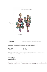 Detailed view of bohemian asymmetrical crystal flower earrings with exact dimensions