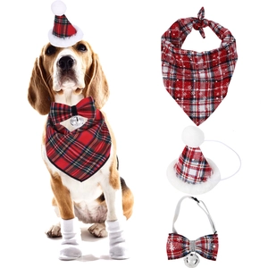 Christmas pet costume set with plaid hat, bell bowtie, scarf, and socks for dogs and cats