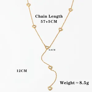 Gold-plated stainless steel Y-shaped necklace with heart pendants and zircon stones