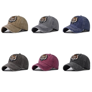 Distressed cotton baseball caps with tiger embroidery in six assorted vintage colors