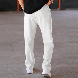 Rear view of white straight-leg men's casual trousers with a relaxed cotton fit