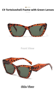 Front and side views of tortoiseshell square cat eye sunglasses with dark green lenses