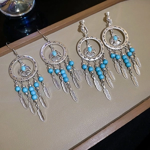 Bohemian silver feather tassel clip-on earrings set with blue beads and eagle totem motifs