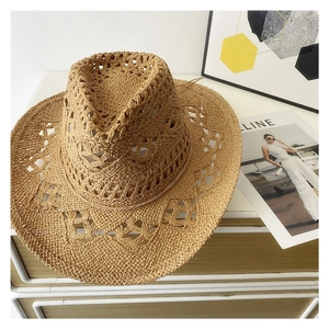 Unisex straw cowboy hat with hollow weave pattern and wide brim for summer sun protection