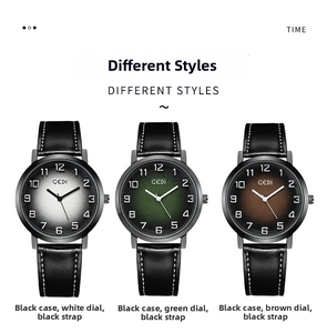 Three men's quartz watches with leather straps in white, green, and coffee gradient dials