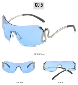 Detailed multi-angle view of blue Y2K rimless sunglasses with silver snake-shaped arms